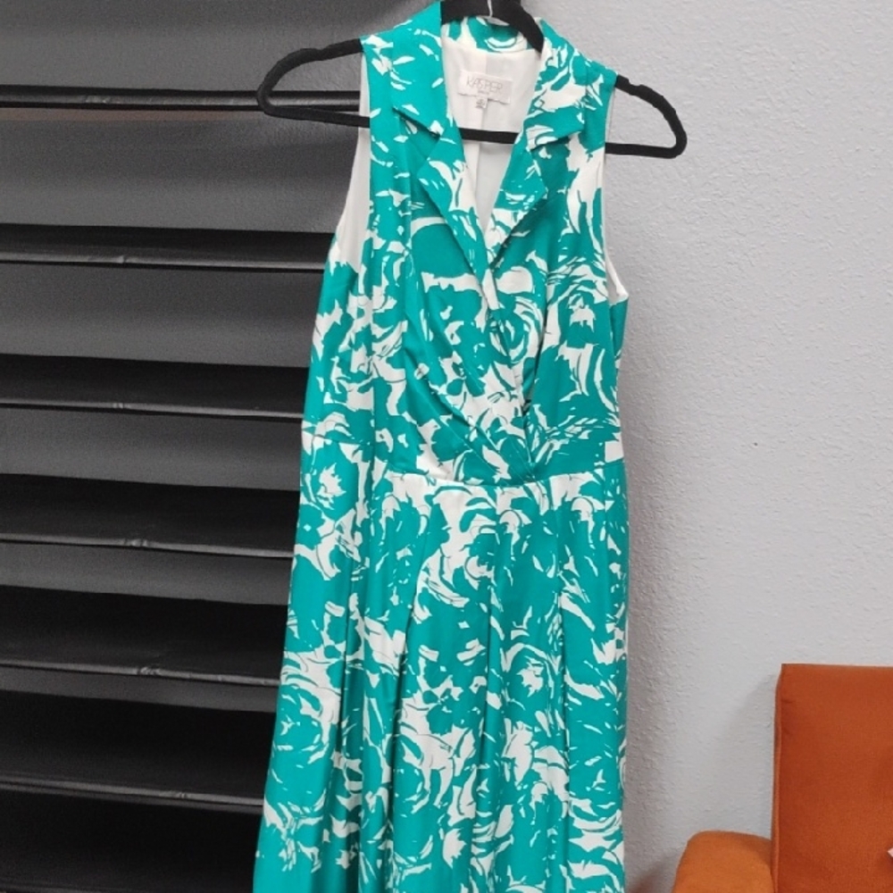 Kasper Turquoise and White Floral Midi Dress